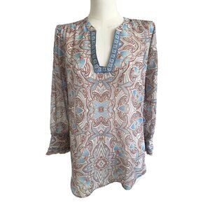 NWT Democracy V-Neck Long Sleeve Sheer Multicolored Top Blouse Women's Sz S
